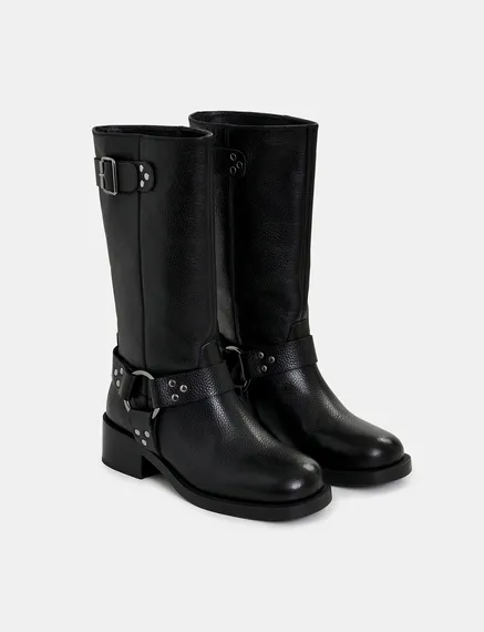 Black leather buckled boots