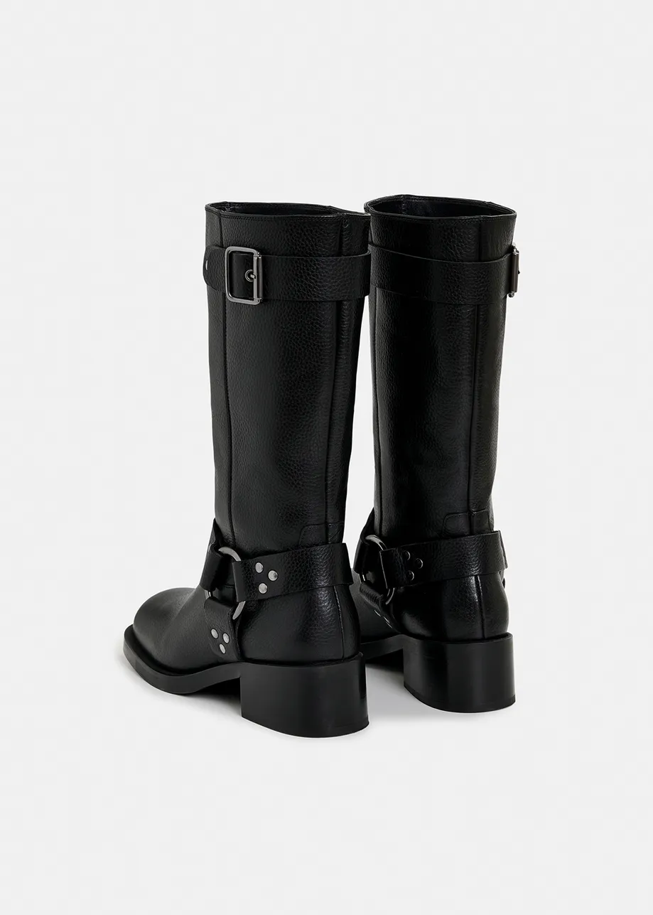 Black leather buckled boots