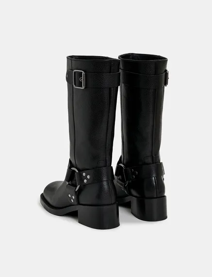 Black leather buckled boots