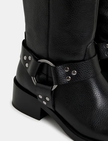 Black leather buckled boots