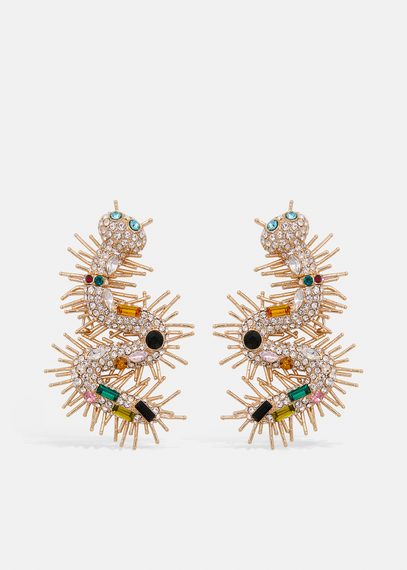 Boucles d'oreilles mille-pattes en strass dorées, argentées et bleues