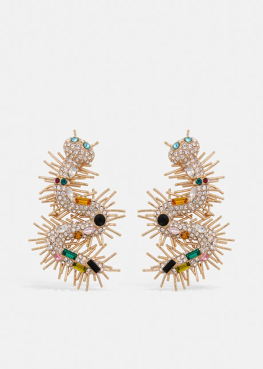 Boucles d'oreilles mille-pattes en strass dorées, argentées et bleues