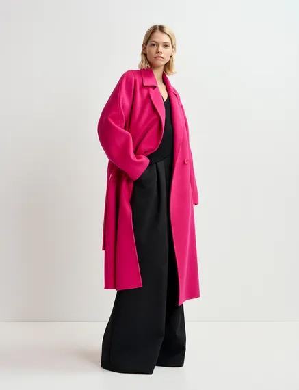 Manteau en laine fuchsia avec ceinture