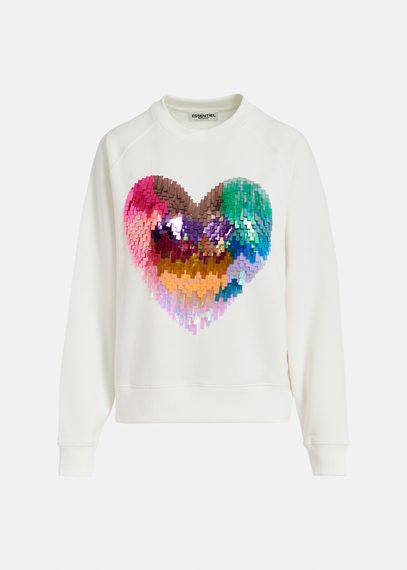 Gebroken witte biokatoenen sweater met hart van pailletten