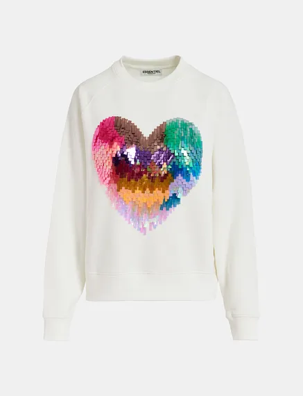 Off-white organic cotton sweatshirt with sequin-embroidered heart