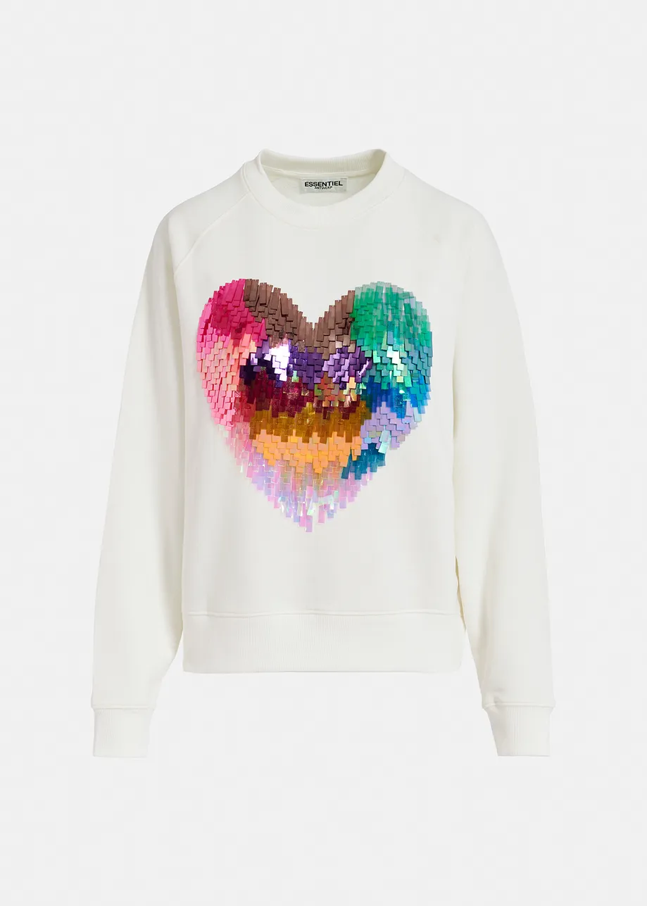 Off-white organic cotton sweatshirt with sequin-embroidered heart