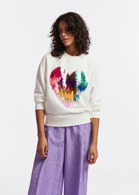 Off-white organic cotton sweatshirt with sequin-embroidered heart