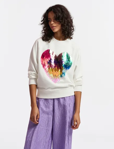 Off-white organic cotton sweatshirt with sequin-embroidered heart