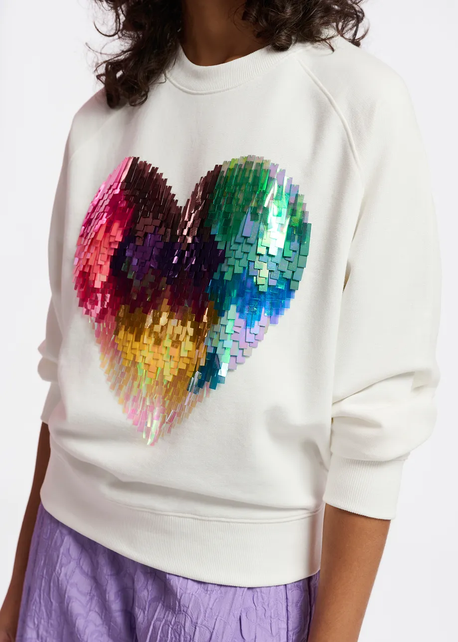 Off-white organic cotton sweatshirt with sequin-embroidered heart