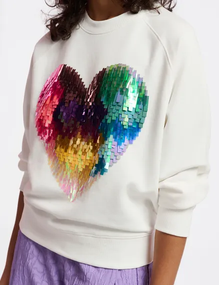 Off-white organic cotton sweatshirt with sequin-embroidered heart