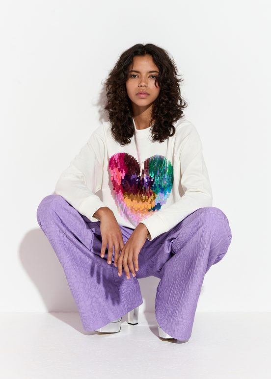 Off-white organic cotton sweatshirt with sequin-embroidered heart