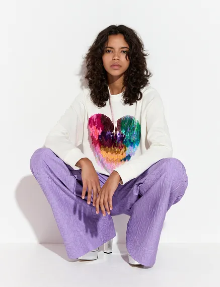 Off-white organic cotton sweatshirt with sequin-embroidered heart