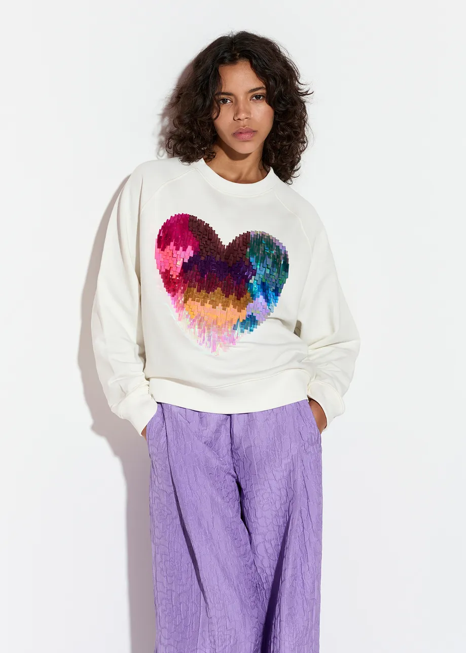 Off-white organic cotton sweatshirt with sequin-embroidered heart