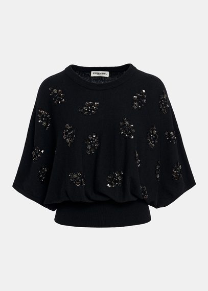 Black cape-effect knit sweater with embellishments