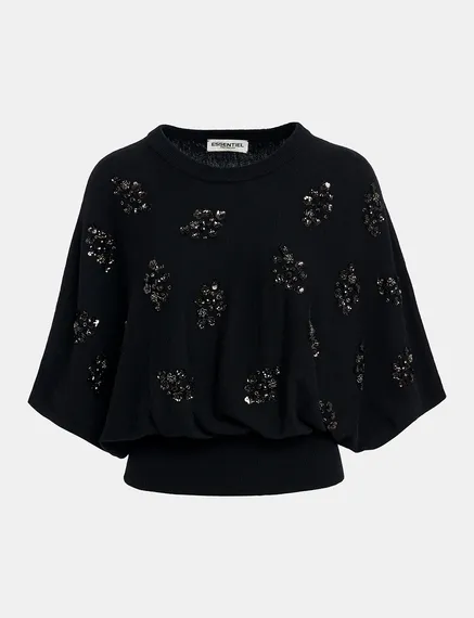 Black cape-effect knit sweater with embellishments