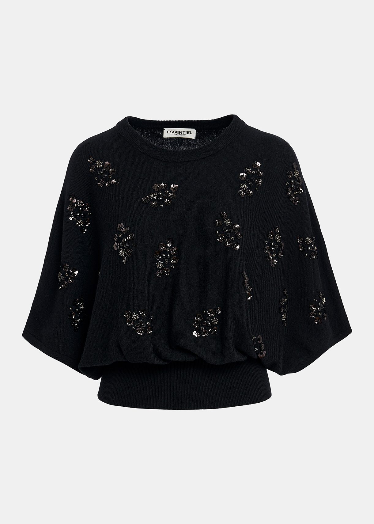 Black cape-effect knit sweater with embellishments