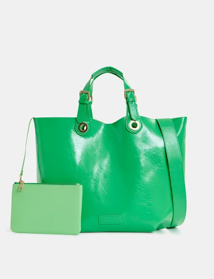 Green faux patent-leather shopper bag