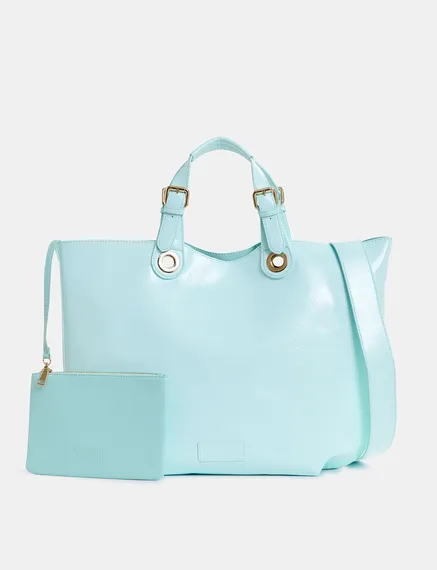 Borsa shopper azzurra in ecopelle verniciata