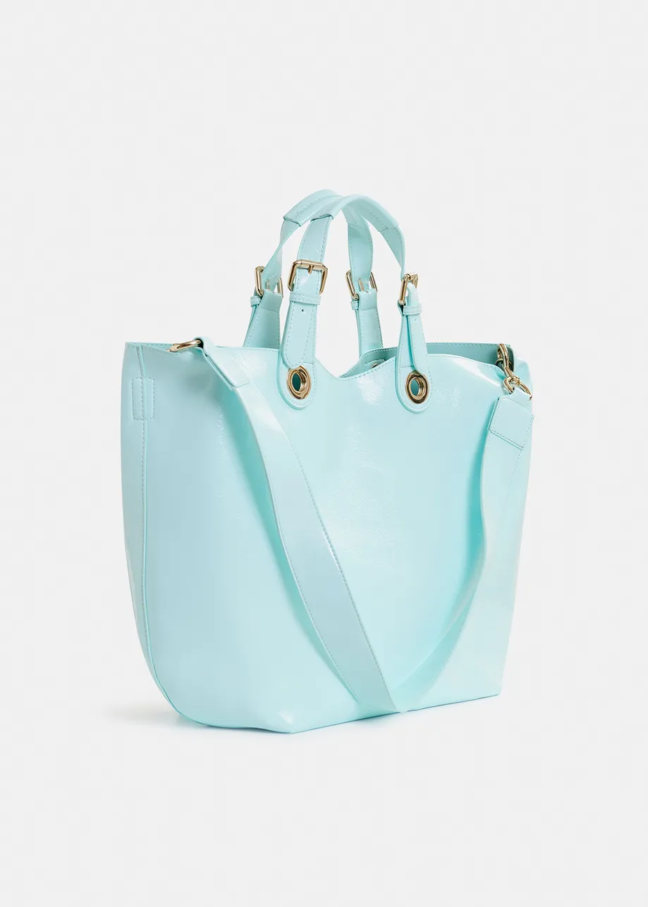 Light blue faux patent-leather shopper bag