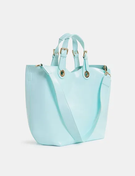 Borsa shopper azzurra in ecopelle verniciata