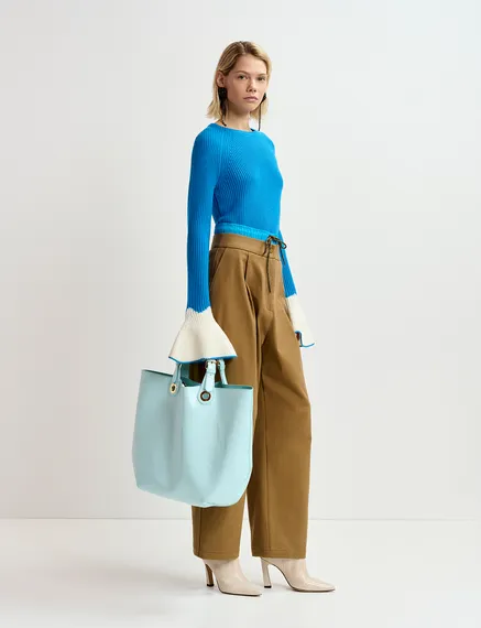 Light blue faux patent-leather shopper bag