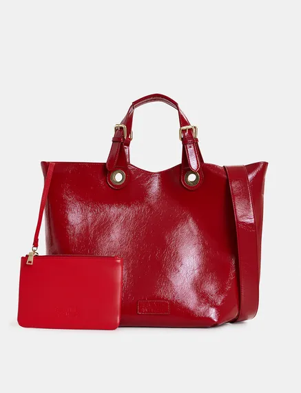 Dark red faux patent-leather shopper bag