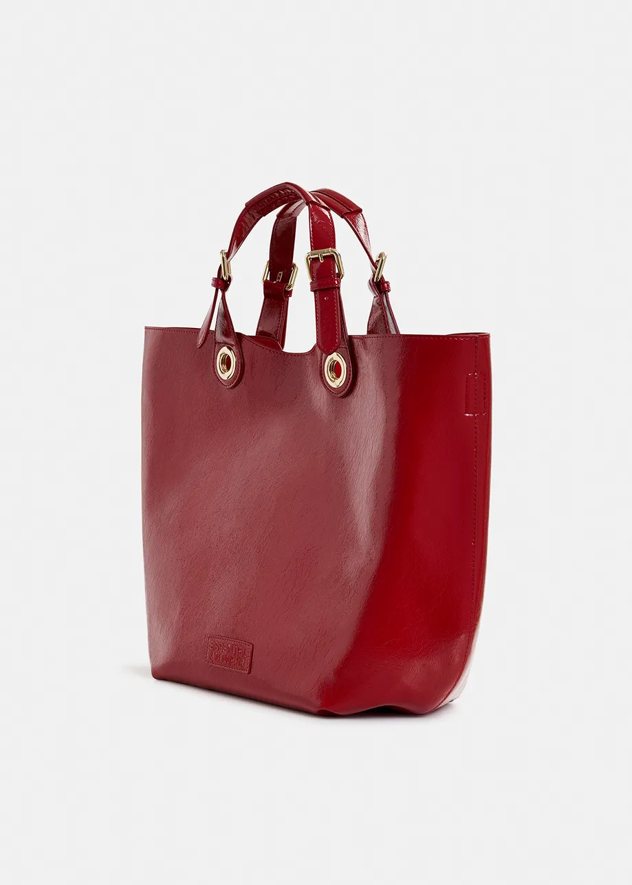 Dark red faux patent-leather shopper bag