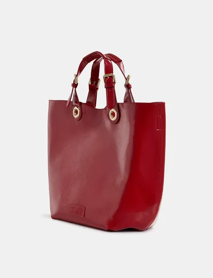 Dark red faux patent-leather shopper bag