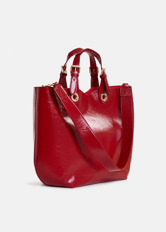 Dark red faux patent-leather shopper bag