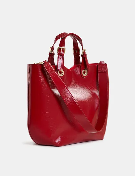 Borsa shopper rosso scuro in ecopelle verniciata