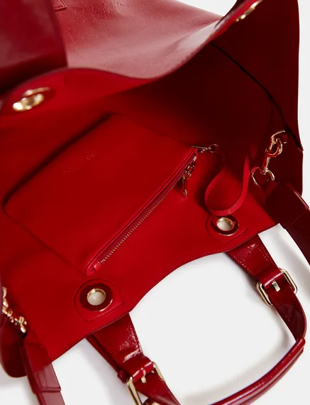 Dark red faux patent-leather shopper bag