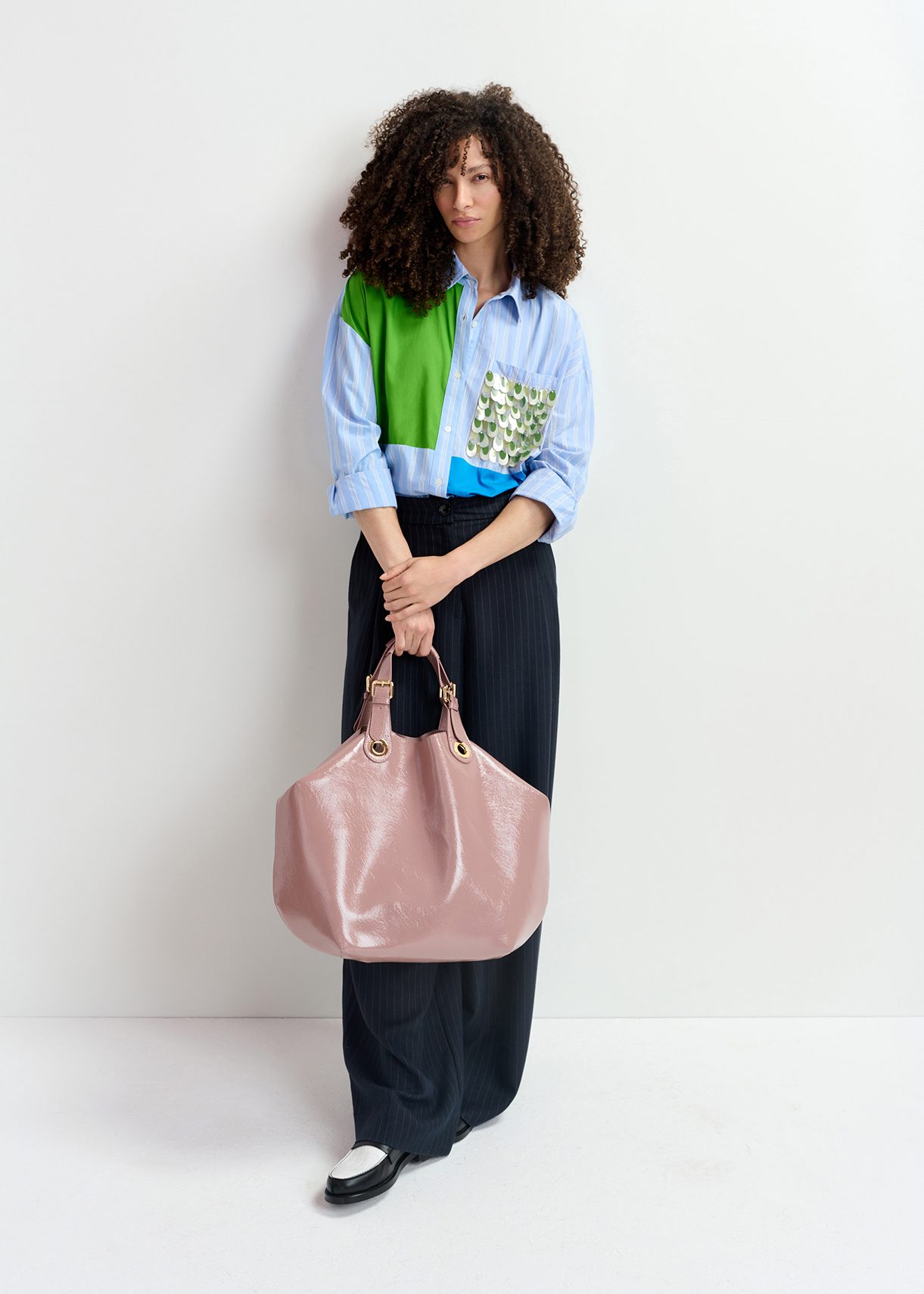 Vintage pink faux patent-leather shopper bag