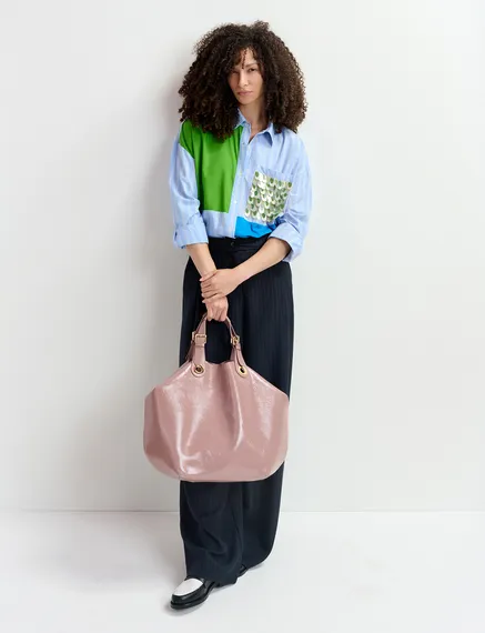 Vintage pink faux patent-leather shopper bag