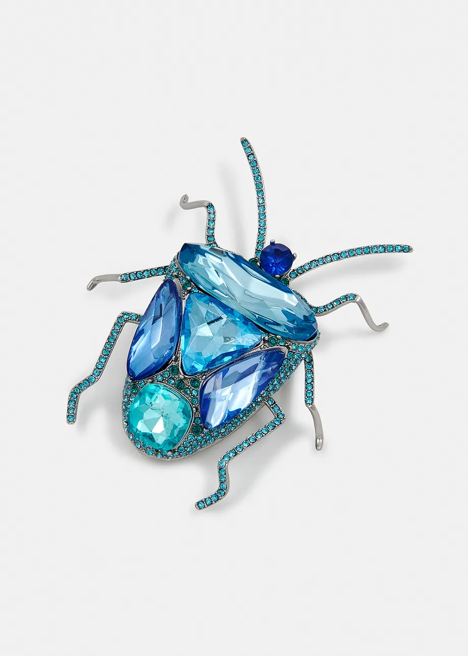 Blue rhinestone beetle brooch