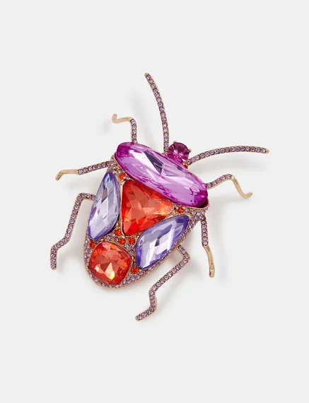 Broche scarabée en strass rouge, violette et lilas