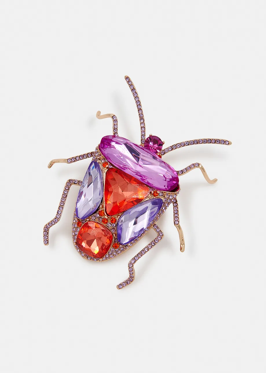 Red, purple and lilac rhinestone beetle brooch