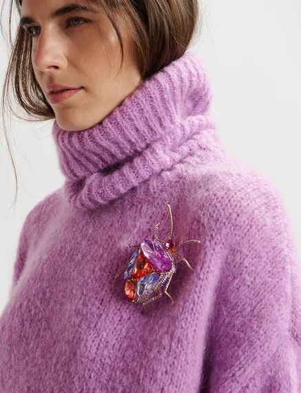 Broche scarabée en strass rouge, violette et lilas