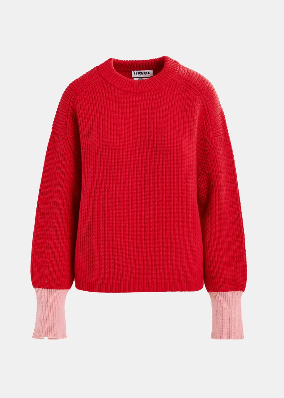 Red knit sweater with contrasting cuffs 