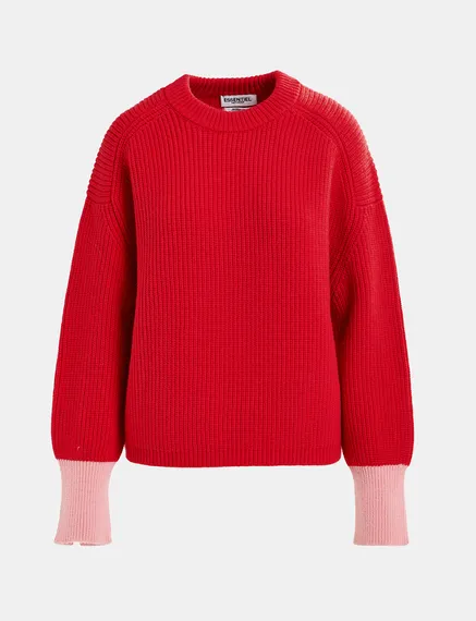 Pull en maille rouge à poignets contrastés