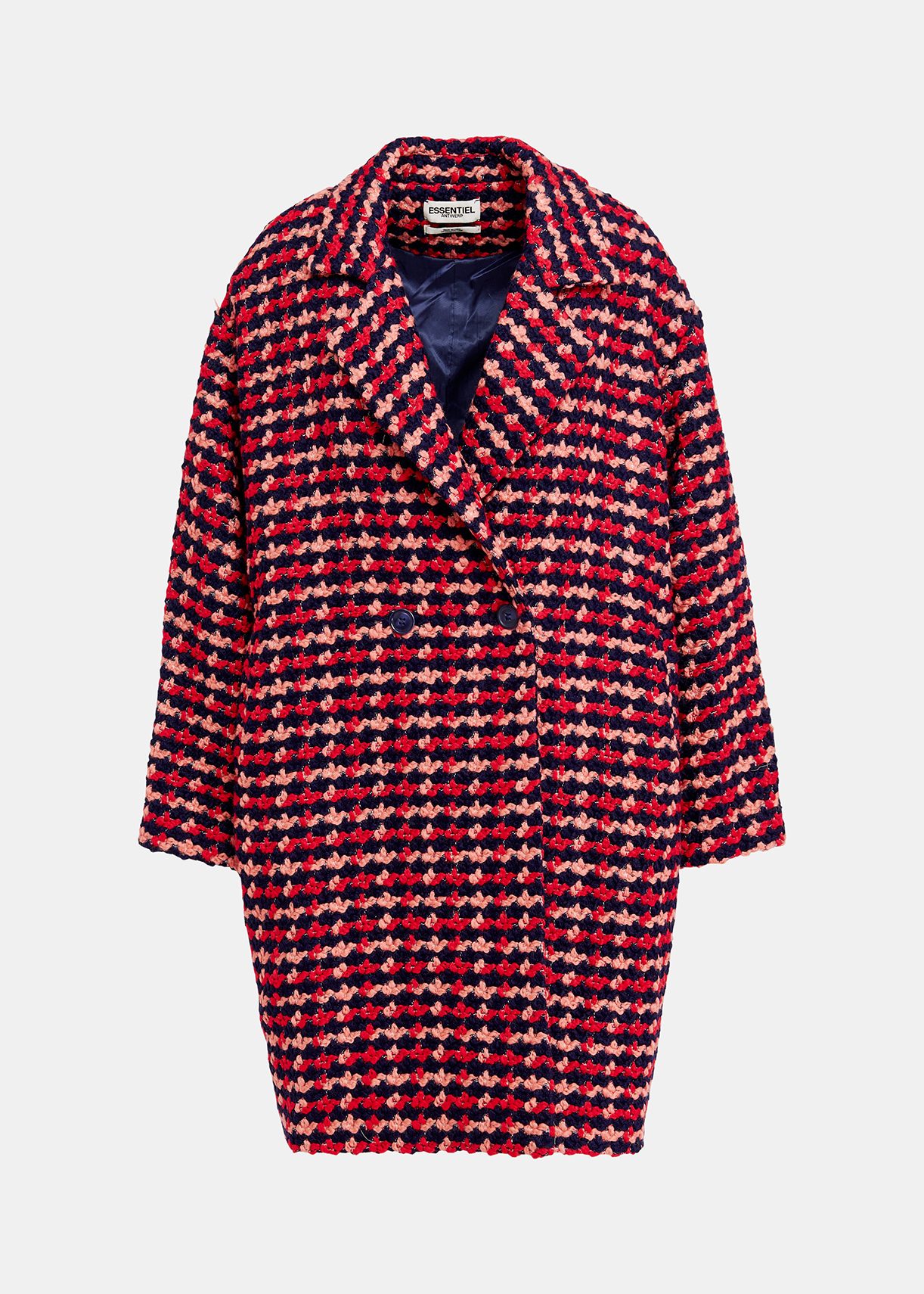 Navy blue, red and peach wool-blend tweed coat | Essentiel