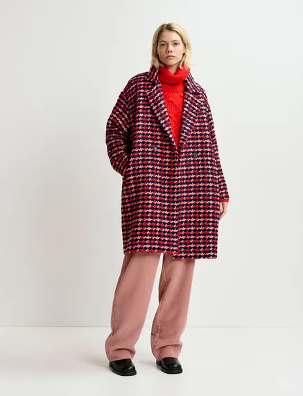 Navy blue, red and peach wool-blend tweed coat