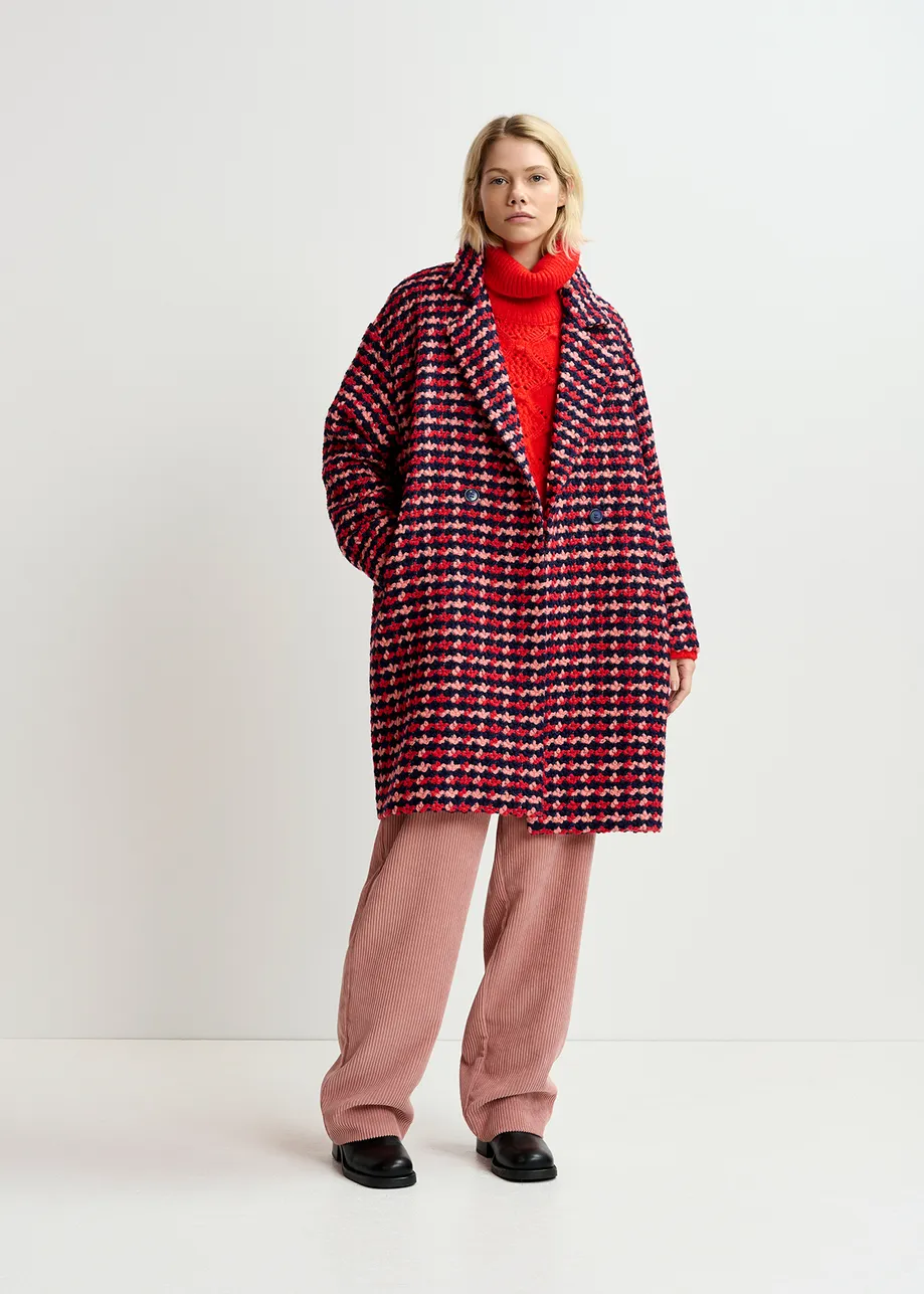 Navy blue, red and peach wool-blend tweed coat