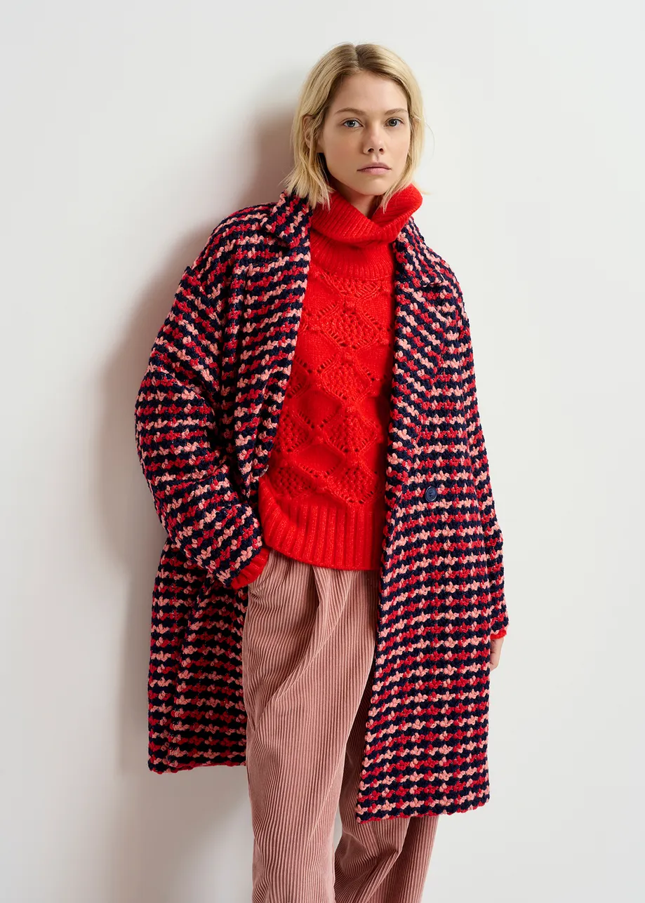 Navy blue, red and peach wool-blend tweed coat