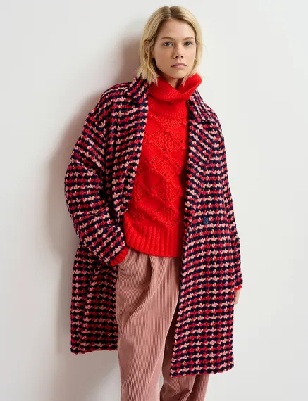 Navy blue, red and peach wool-blend tweed coat