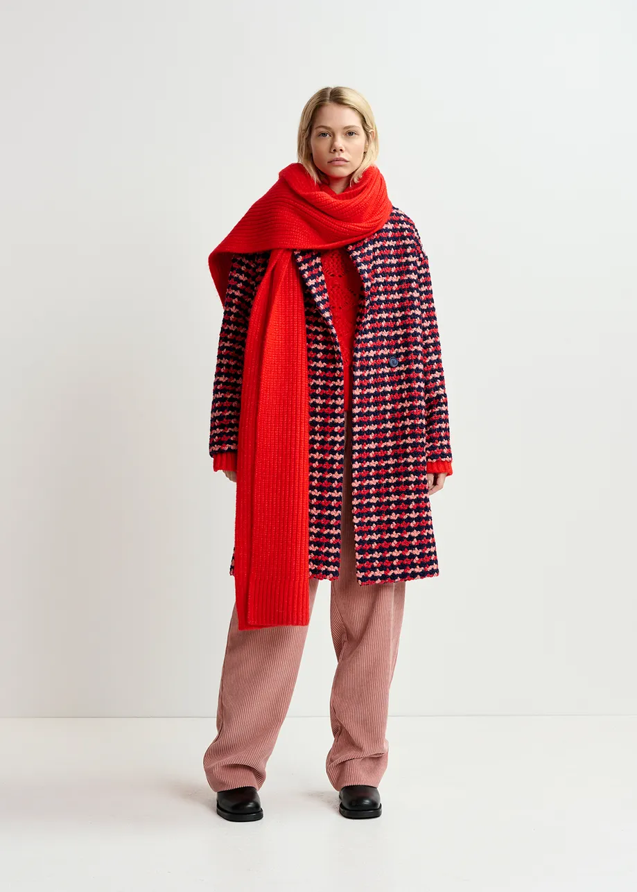 Navy blue, red and peach wool-blend tweed coat