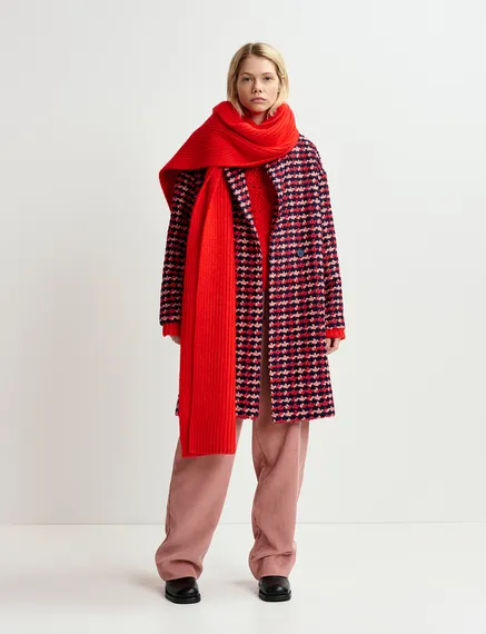 Navy blue, red and peach wool-blend tweed coat