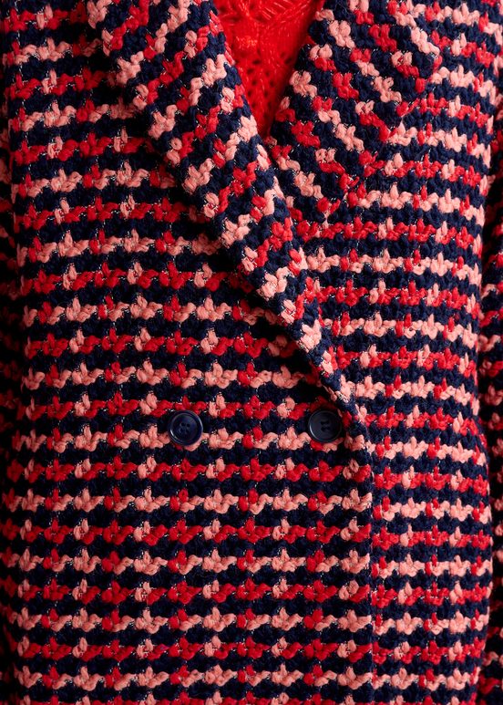 Navy blue, red and peach wool-blend tweed coat