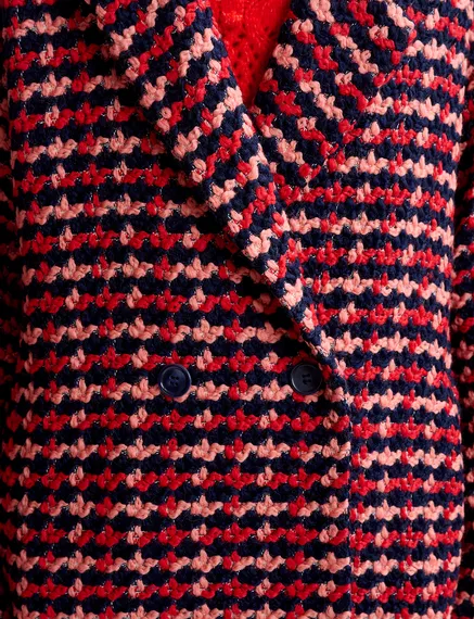 Navy blue, red and peach wool-blend tweed coat