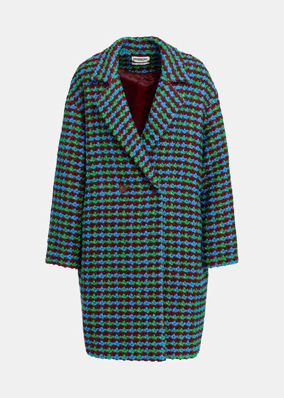 Manteau en tweed en laine mélangée bordeaux, bleu et vert