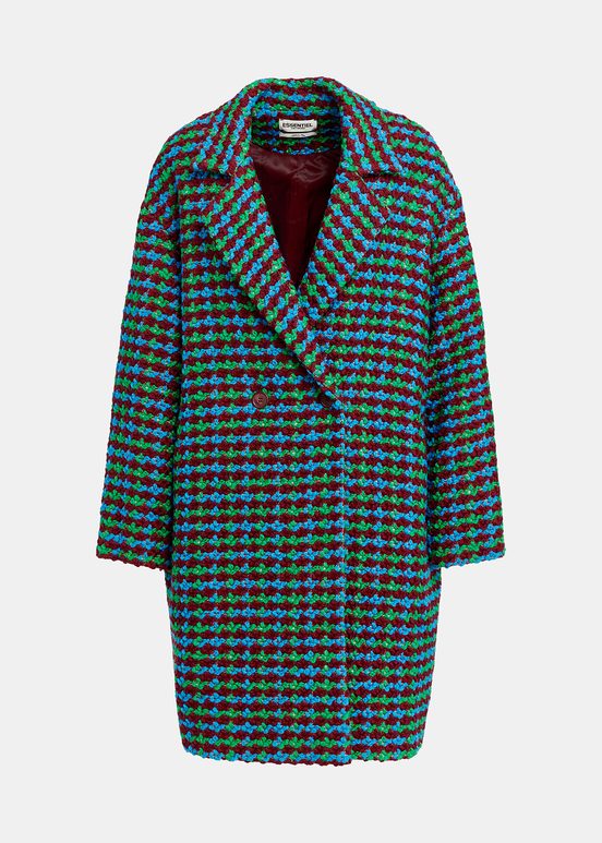 Burgundy, blue and green wool-blend tweed coat